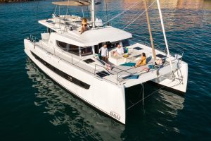 Small group of friends enjoying the forward deck of the Bali 4.6 catamaran