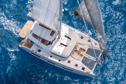 Aerial view of the Lagoon 55 catamaran under sail