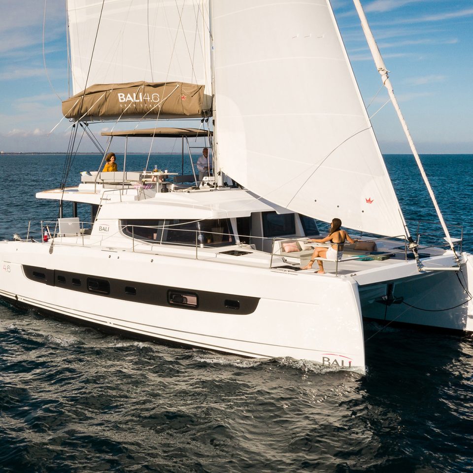 Bali 4.6 luxury catamaran sailing on calm waters with blue skies