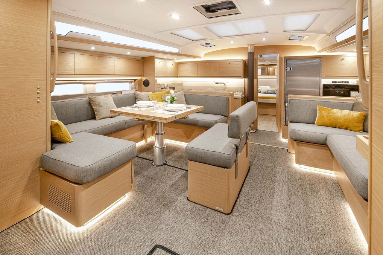 Dufour 530 sailboat interior dining and salon lounge area