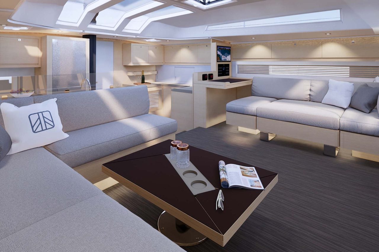 Espace salon intérieur de luxe du monocoque à voile Dufour 61