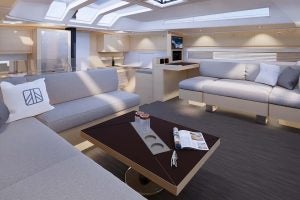 Espace salon intérieur de luxe du monocoque à voile Dufour 61