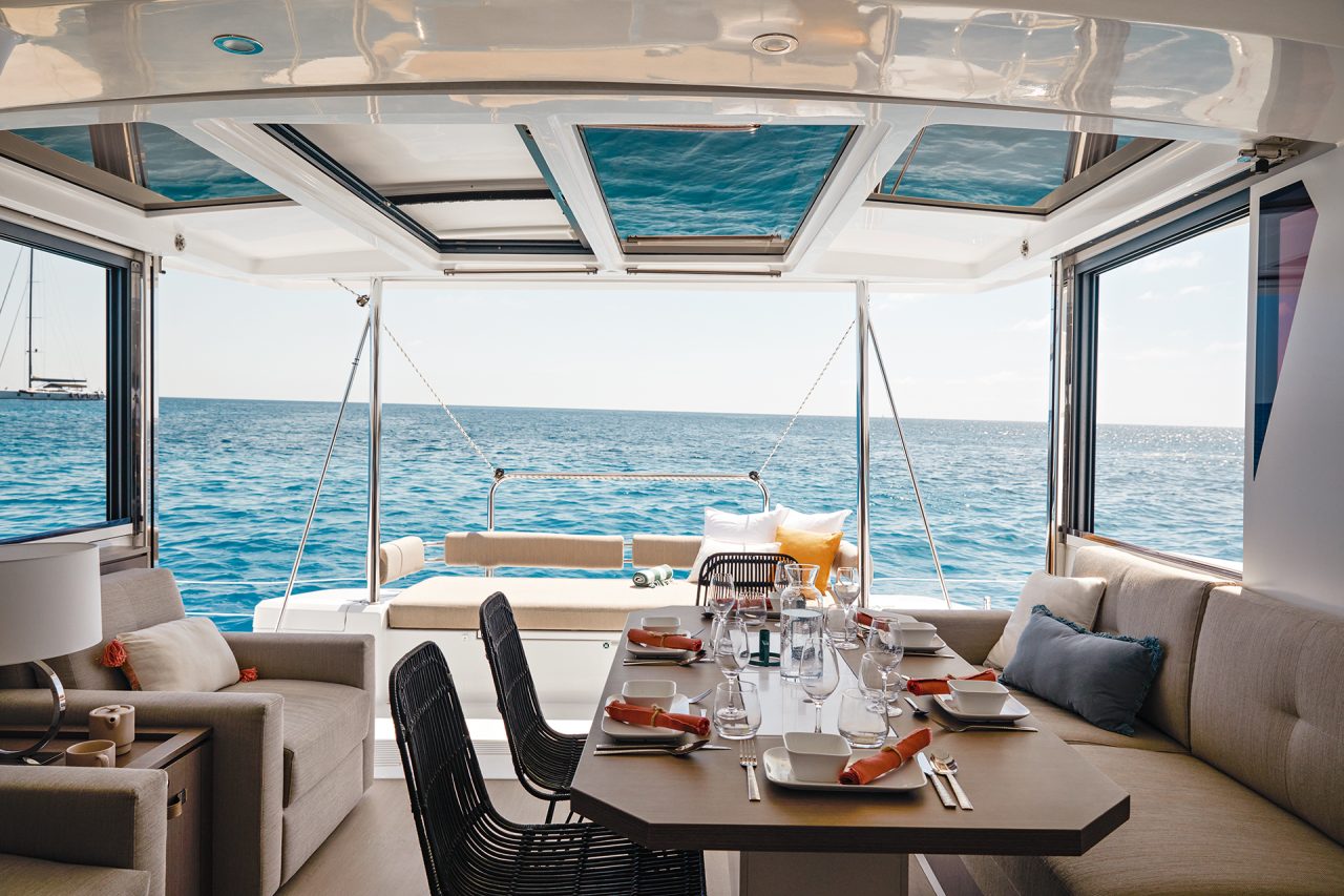 Interior dining area of the Bali 4.2 catamaran