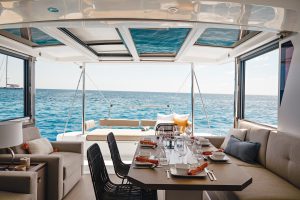 Interior dining area of the Bali 4.2 catamaran