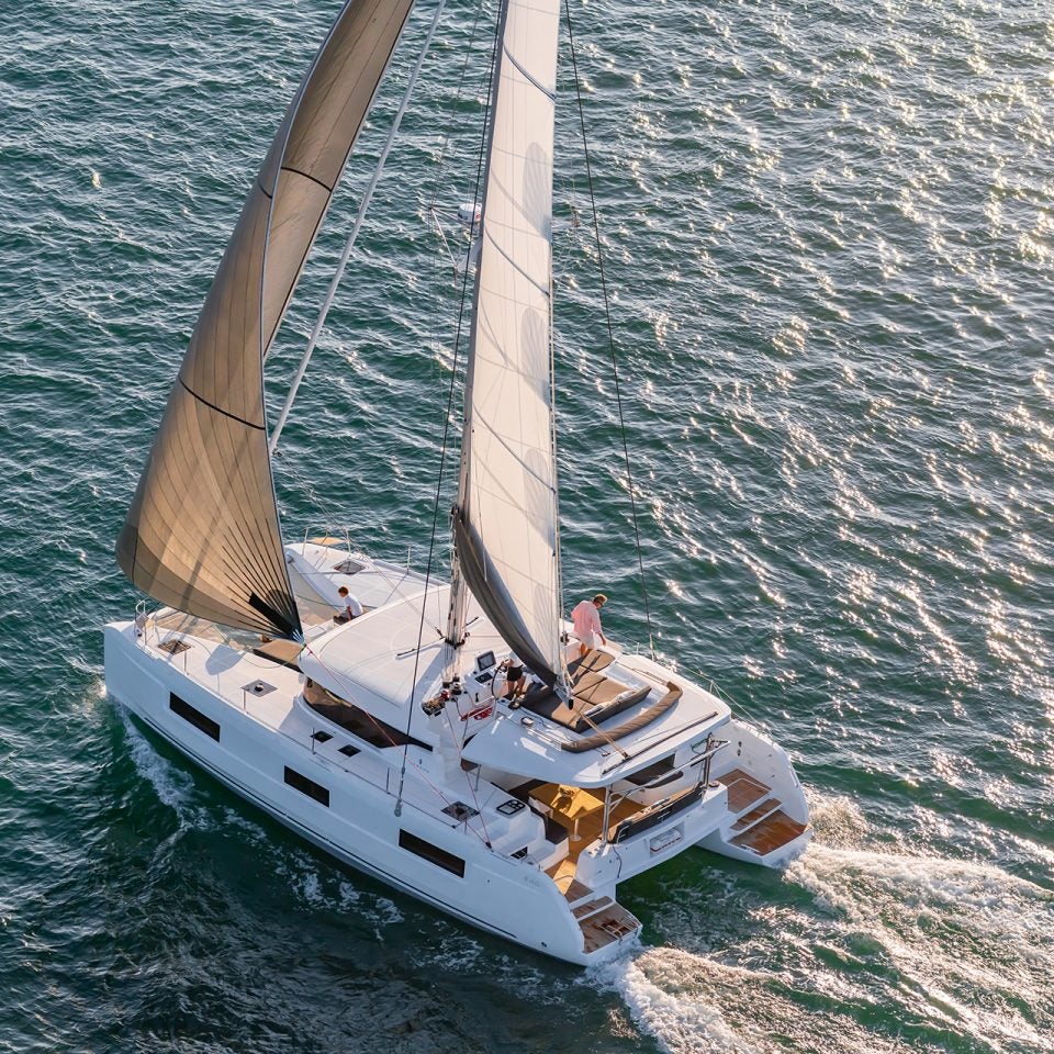 Aerial view of the LagoonVue aérienne du catamaran Lagoon 46 Iconic sous voile 46 Iconic catamaran under sail
