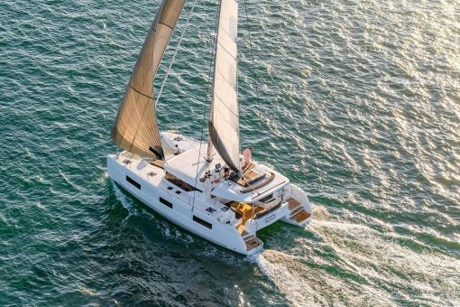 Aerial view of Lagoon 46 luxury catamaran at sail