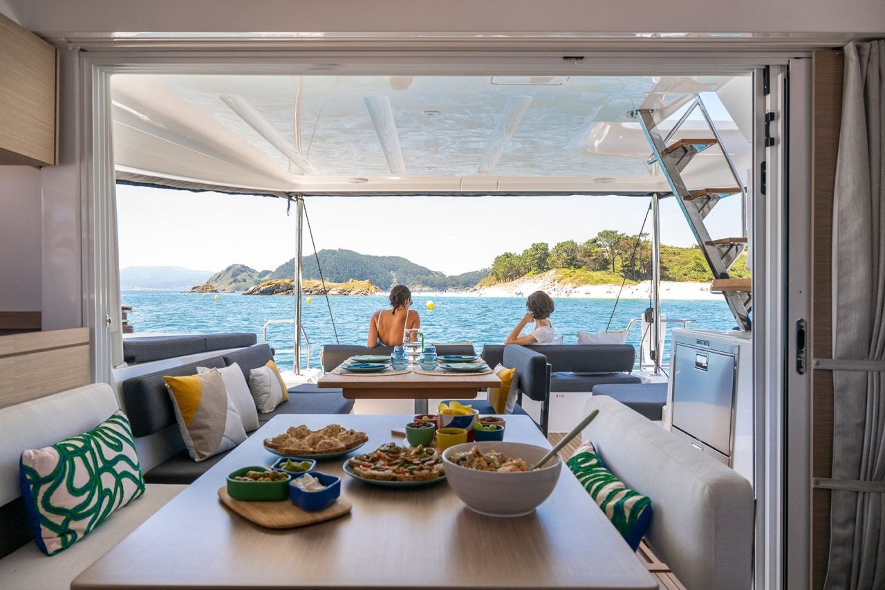 Salon and cockpit area of a Lagoon 43 catamaran