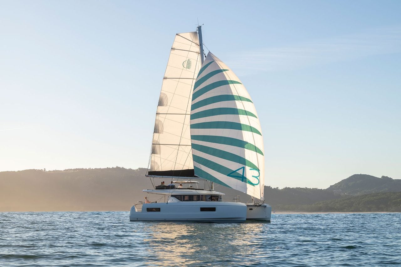 Luxury Lagoon 43 catamaran with sails up