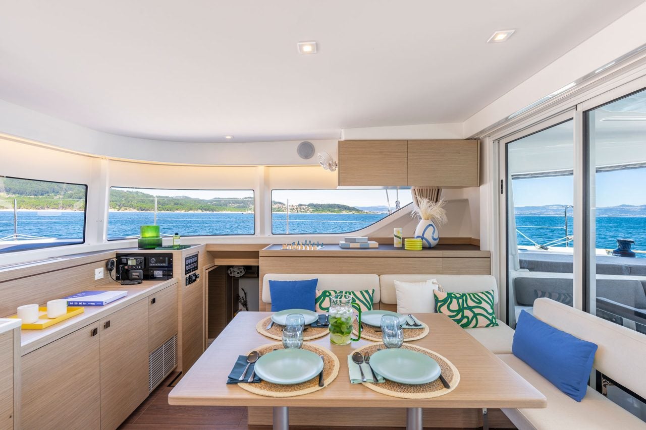 Interior living area with expanise windows on the Lagoon 43 catamaran