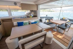 Aboard a Lagoon 43 catamaran at sail