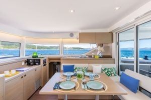 Interior living area with expanise windows on the Lagoon 43 catamaran