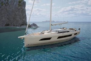 Exterior view of the Dufour 48 monohull sailboat at anchor