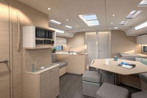 Salon interior of the luxury Dufour 48 monohull with forward galley