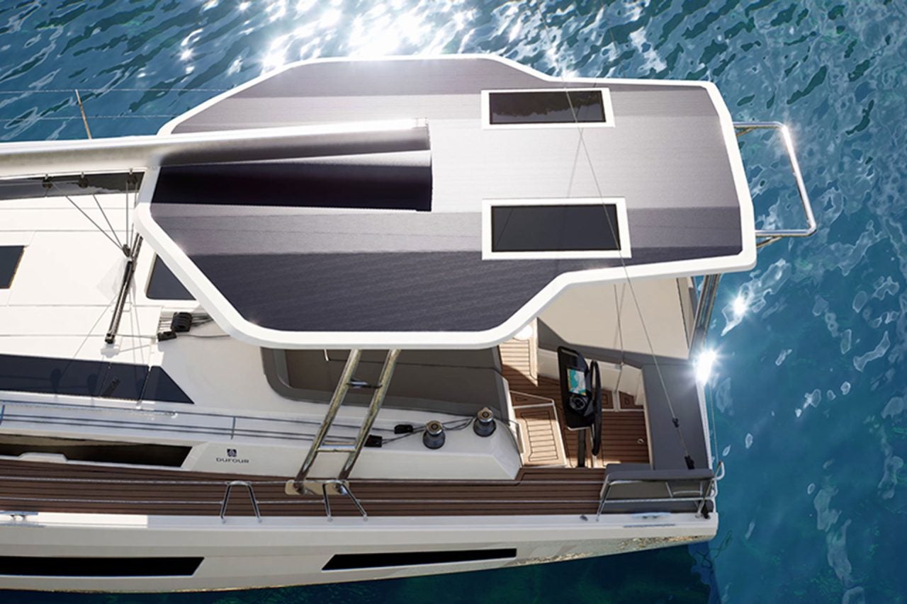 Dufour 48 monohull sailboat view of cockpit bimini top
