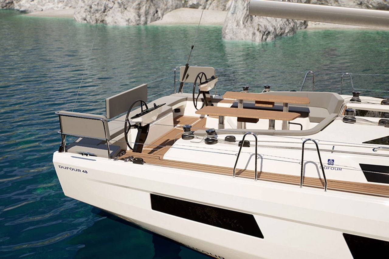 Outdoor view of the Dufour 48 sailboat spacious cockpit