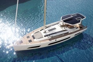 Exterior top view of the Dufour 48 luxury sailboat at anchor