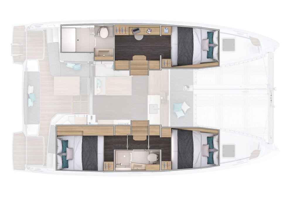 Lower deck layout of the Lagoon 38 catamaran