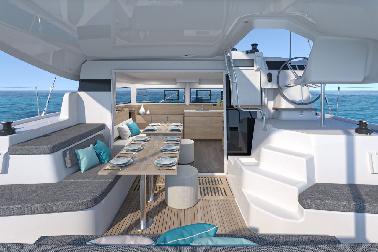 Cockpit lounge and dining area of the Lagoon 38