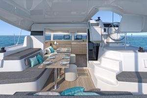 Cockpit lounge and dining area of the Lagoon 38