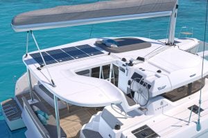 Helm area and flybridge sunbed on the Lagoon 38 catamaran