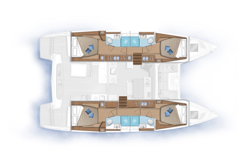 4 cabins layouts of the Lagoon 46 Iconic Catamaran