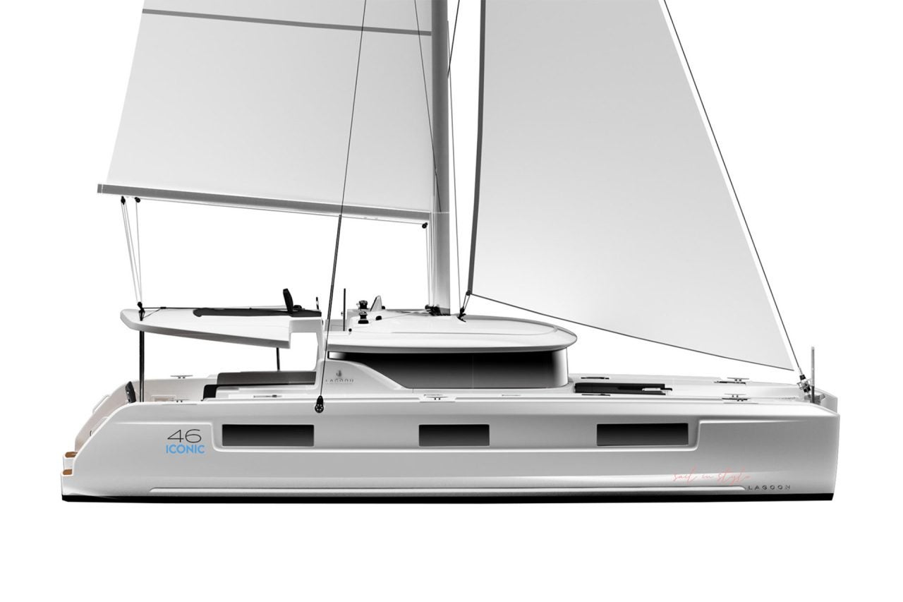 Side view rendering of the new Lagoon 46 Iconic catamaran