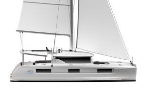 Side view rendering of the new Lagoon 46 Iconic catamaran