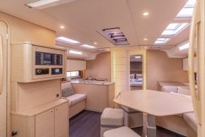 Salon interior of the luxury Dufour 48 monohull with forward galley