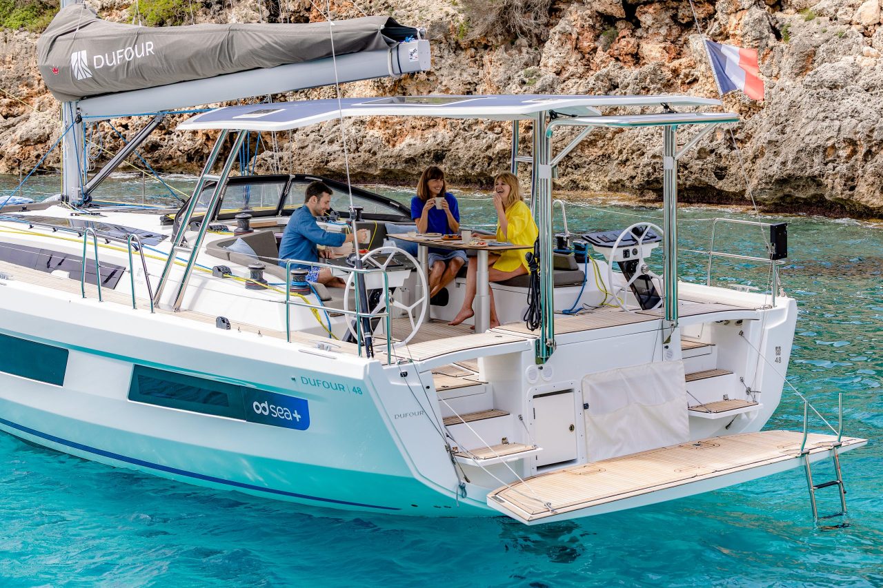 Dufour 48 monohull sailboat view of cockpit bimini top