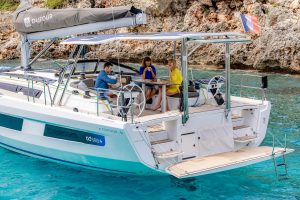 Dufour 48 monohull sailboat view of cockpit bimini top