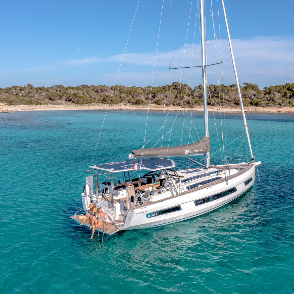 Dufour 48 monohull sailboat at anchor