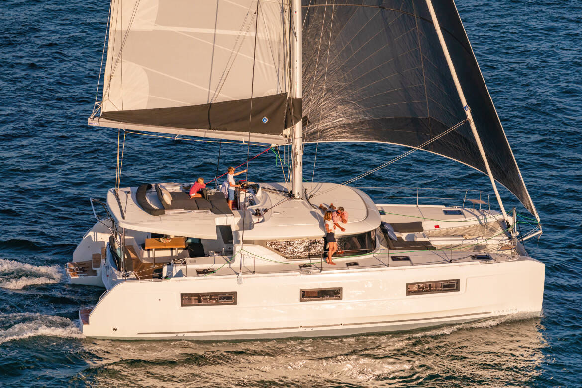 Aerial view of Lagoon 46 Iconic catamaran for sale