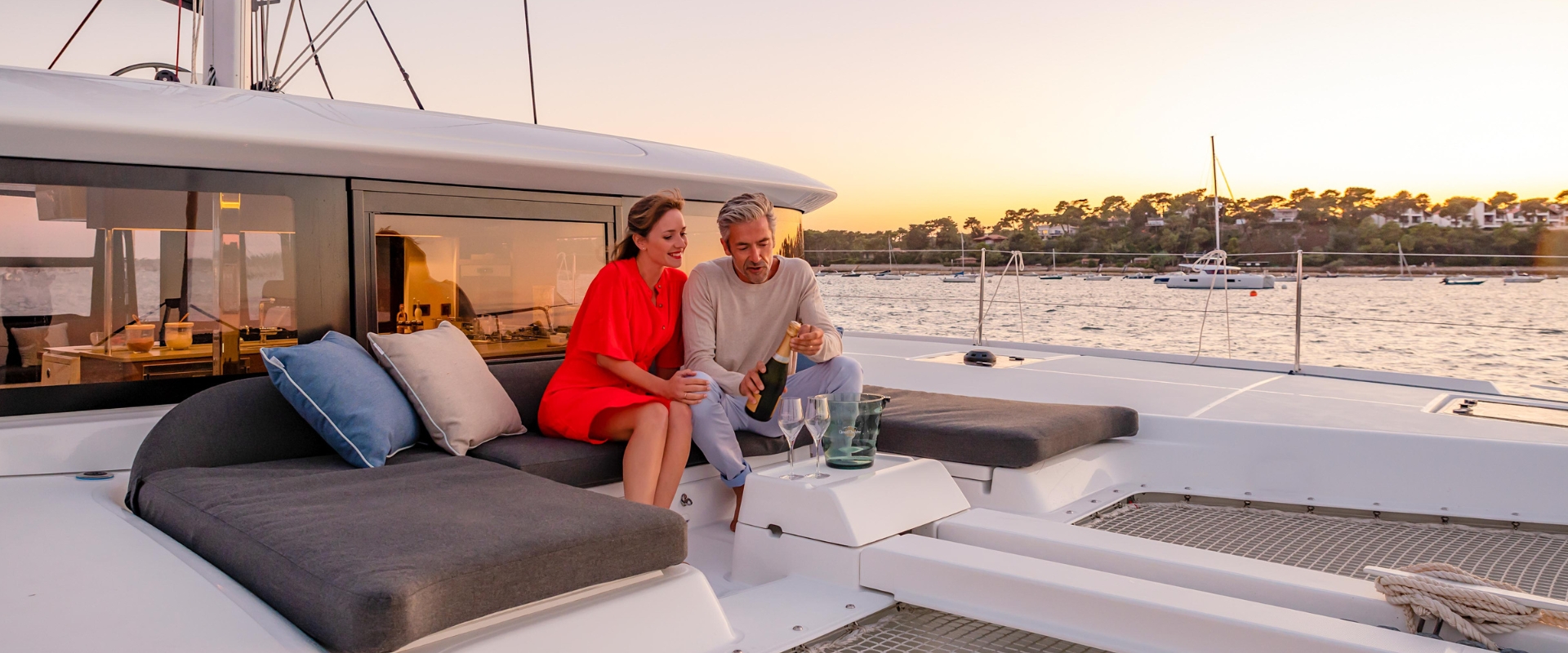Couple on a sailing catamaran
